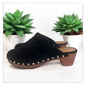 Lane Bryant Black Faux Suede Clogs Mules Gold Studs Embellishments Size 9W EUC!!